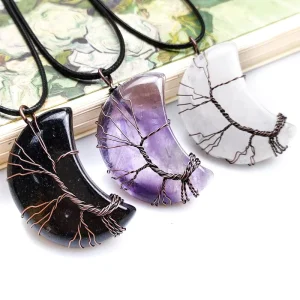 Children’s Natural Crystal Stone Tree of Life and Crescent Moon Wire-Wrapped Reiki Gemstone Pendant