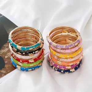 Chinese Cloisonne Enamel Maple Leaf Thin Bangle Multi Color Gold Wire Leaf Spring Open Stackable Ethnic Bangle Jewelry