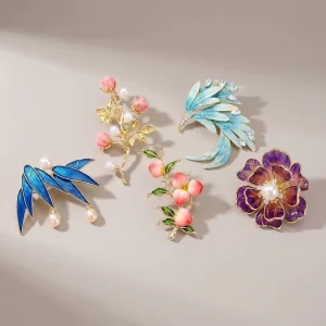 Chinese Style Enamel Rhinestone Pearl Phoenix Butterfly Flower Brooch Pin for Women’s Clothing