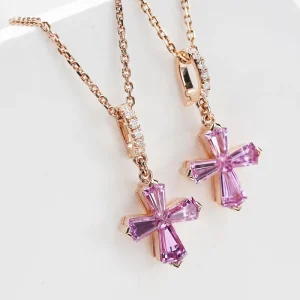 Christian Cross Pendant, 18K Gold, Natural Sapphire