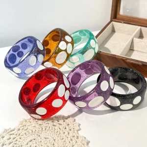 Chunky Clear Resin Bangle with Inlaid Glitter Powder and Raised White Dot Ornament