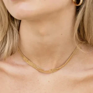 Chunky Flat Chain Choker Necklace Stainless Steel 14K Gold-Plated Wide Mesh