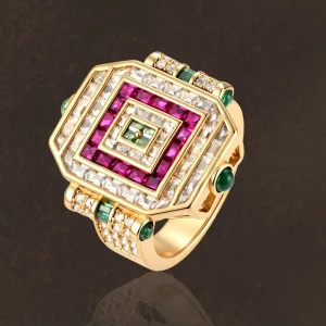 Chunky Octagon Geometric Lab-Grown Ring 18K Solid Gold Band S925 Sterling Silver 18K Gold-Plated Art Deco Ring
