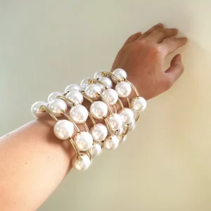 Chunky Pearl Bracelet for Women Chubby Ball Beaded Stretch Bracelet with Cross Pearls