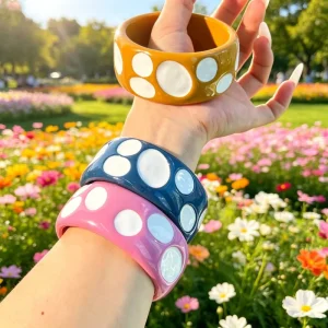 Chunky Resin Wide Bangle with Raised White Dot Ornament and Multicolor Glossy Acrylic Finish