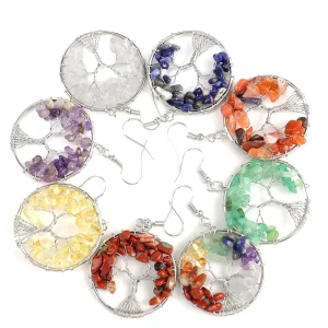 Circle Natural Stone Amethyst Crystal Life Tree Stainless Steel Rainbow Earrings