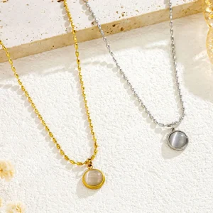 Circle Opal Stone Pendant Necklace Gold-Plated Stainless Steel Women