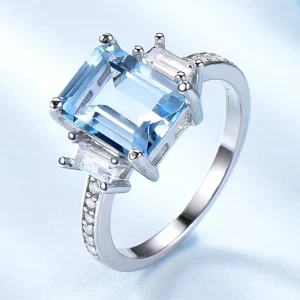 Classic Fine Jewelry Rings Square Topaz 925 Sterling Silver Gemstone Ring with CZ Zircon Ring for Women