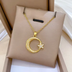 Classic Yellow Gold Moon Star Shaped Copper Pendant Necklace Inlaid with Full Rhinestone Stainless Steel Link Chain for Women’s