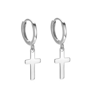Classical Drop Cross 925 Sterling Silver Smooth Dangle Pendant Hoop Earrings Unisex