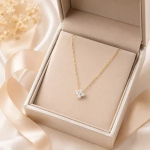 Clover Necklace with 4 Stone Cubic Zirconia Flower Charm Thin Link Chain for Women
