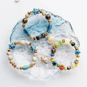 Coastal Nautical Ceramic Beaded Stretch Bracelet Handmade Natural Seashell Starfish Charm Boho Seaside Souvenir