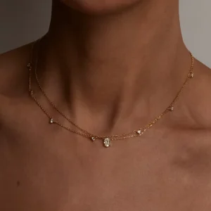Collarbone Choker Necklace Waterproof 18K Gold Plated Stainless Steel Cubic Zircon Pendant Strand