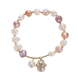 Color Nature Baroque Pearl Beaded Bracelet Lucky Cat Pendant Charm Gold Plated Freshwater Pearl Bangle for Girls
