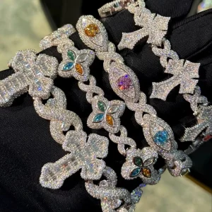 Colored Moissanite Cuban Link Bracelet, 925 Sterling Silver, 15mm, Hip Hop Style