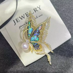 Colorful Abalone Shell Inlaid Unisex Butterfly Brooch Pins Paired 8-9mm Natural White Freshwater Bread Pearls