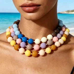 Colorful Acrylic Round Stacked Bead Boho Necklace for Women