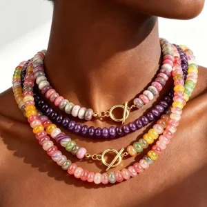 Colorful Bone Chain Abacus Bead Multi-layer Necklace with Natural Stone Round Pendant, Gold