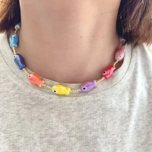 Colorful Ceramic Fish Charm Beaded Choker Necklace with 18K Gold-Plated Beaded Chain Jewelry Set for Women