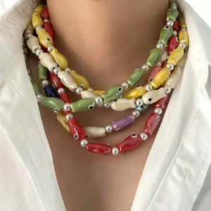 Colorful Ceramic Fish Shape Beaded Choker Necklace with Freshwater Pearl Beaded Chain Jewelry Set for Women