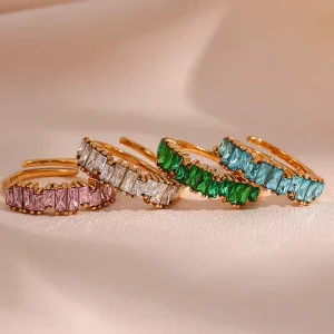 Colorful Christmas Zircon Rings Gold Plated Stainless Steel Statement Jewelry