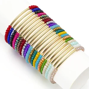 Colorful Faceted Glass Crystal Bead Bracelet with Gold-Plated Tube Beads