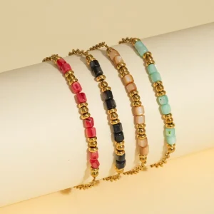Colorful Geometric Square Bead Bar Station Gold Spacer Bracelet, Adjustable 18K PVD Gold-Plated Stainless Steel