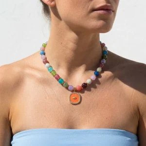 Colorful Natural Stone Beaded Rope Chain Necklace with Evil Eye Pendant, 18K Gold Plated, Unisex
