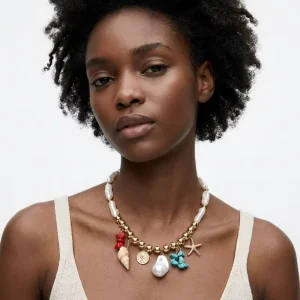 Colorful Pearl Bead Shell and Starfish Choker Necklace