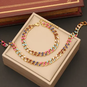 Colorful Punk Steel Necklace Bracelet Set Stainless Steel Jewelry Factory Hip Hop Fashion Jewelry Set Jewellery for Women