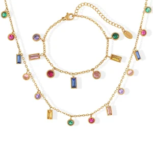 Colorful Stainless Steel Zircon Choker Necklace and Bracelet Set, 18K Gold Plated Charms, Women’s Jewelry
