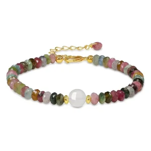 Colorful Tourmaline Beaded Bracelet with Stainless Steel Baroque Pearl