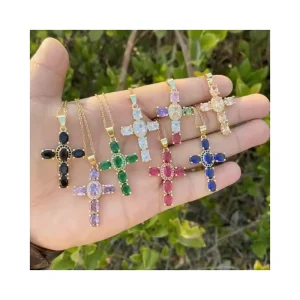 Copper Cubic Zirconia Cross Pendants Christian Catholic Jesus Charm Gold Plated Jewelry Necklace