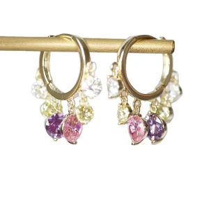 Copper Gold-Plated Colorful Zircon Dangling Hoop Earrings
