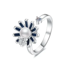 Copper Pearl-Encrusted Sunflower Rotating Butterfly Open Ring