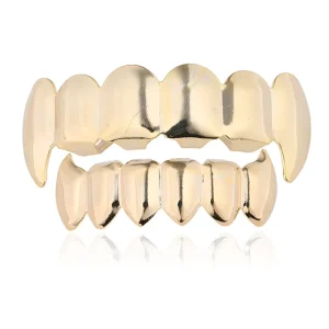 Copper Plain Fangs 18K Gold Plated Top Bottom Teeth Grillz Set Unisex Hip Hop Jewelry