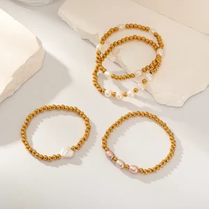 Creative Gold Beaded Chain Personalized Gold Plated Stainless Steel Bracelet Natural Freshwater Pearl Beads Bracelet Fashionable