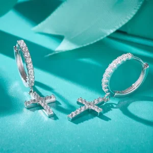 Cross 925 Sterling Silver Dangle Drop Hoop Earrings VVS D Color Moissanite
