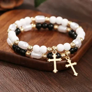 Cross Pendant Bracelet Set Black Agate Pearl Stackable Jewelry For Women