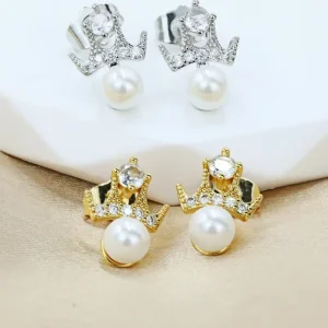 Crown Pearl Stud Earrings, Fully Paved Gold-Plated Copper