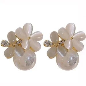 Crystal Clear Cat Eye Stone Flower Pearl Drop Earrings Alloy