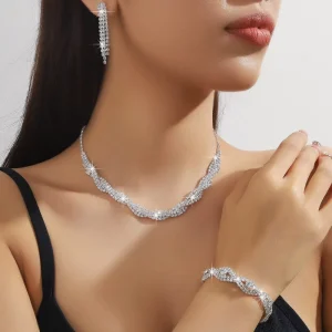 Crystal Necklace and Earrings Set, Bridal Wedding Rhinestone Choker for Women