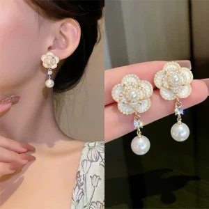 Crystal Rhinestone Camellia Stud Earrings with White Pearl Pendant