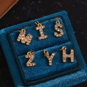Crystal Rhinestone Initial Letter Charm for Jewelry Making Gold Plated Stainless Steel Pendant