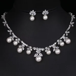 Crystal Wedding Bridal Necklace and Earrings Pearl Diamond Zircon Jewelry Set for Women