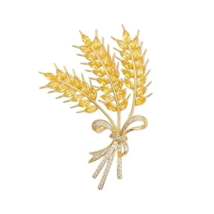 Crystal Wheat Ear Bow Brooch Pin with Yellow Rhinestones for Overcoats and Scarves