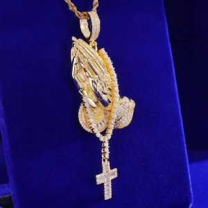 Cubic Zircon Diamond Gold Plated 925 Silver Religious Prayer Hands Cross Pendant Necklace