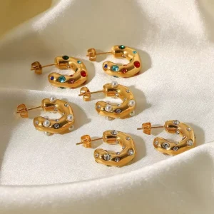 Cubic Zircon Oversized Stainless Steel Gold Plated Hoop Earrings for Women