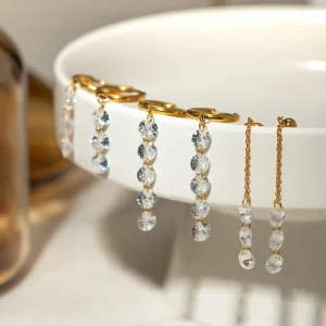 Cubic Zircon Tassel 18K Gold Stainless Steel Three/Five White Crystal Drop Earrings