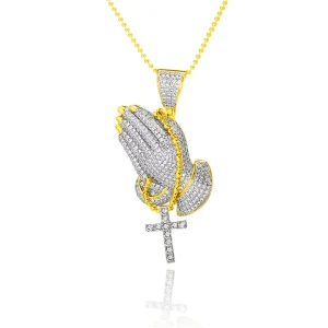 Cubic Zirconia Rhodium Gold Plated 925 Silver Large Praying Hands Holding Rosary Pendant